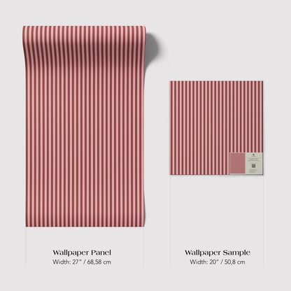 two different sizes of a red and white striped wallpaper panel, with the widths being 27/68" and 20/50" respectively.