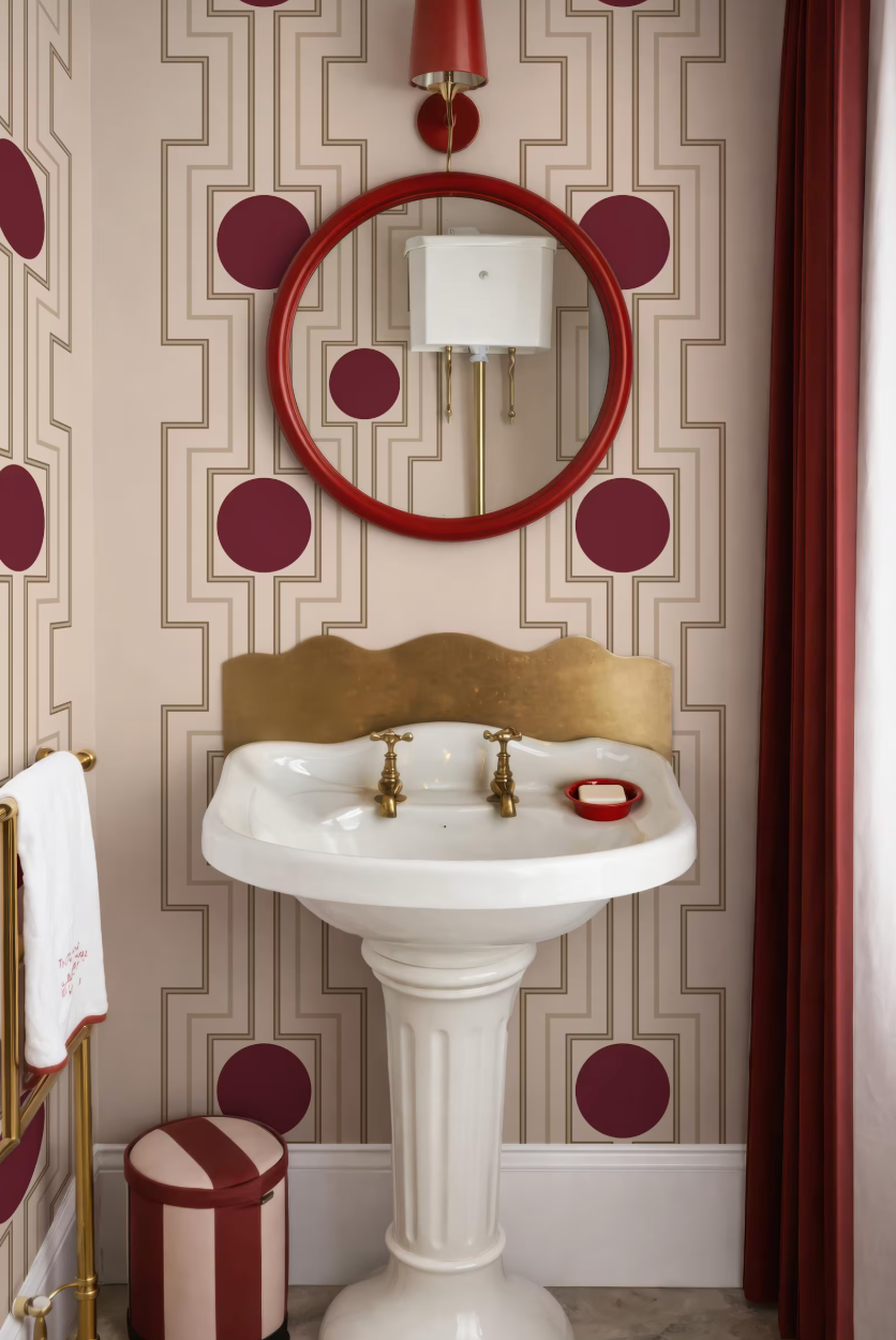 a bathroom with a white pedestal sink, a red and gold circular mirror, and a red and gold circular pattern on the walls.
