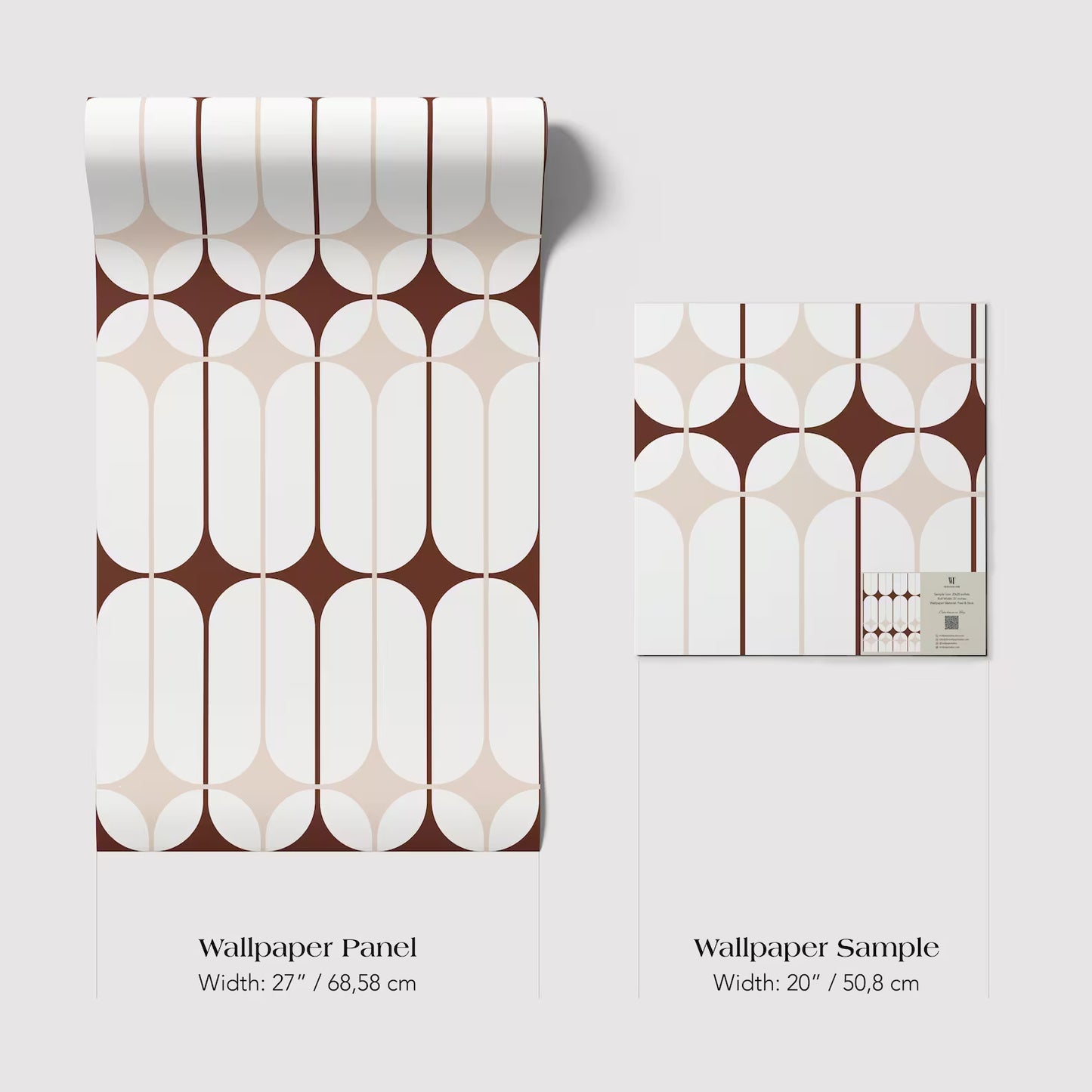 two wallpaper samples with a repeating pattern of brown and white circles. The text provides the dimensions of the samples in centimeters.