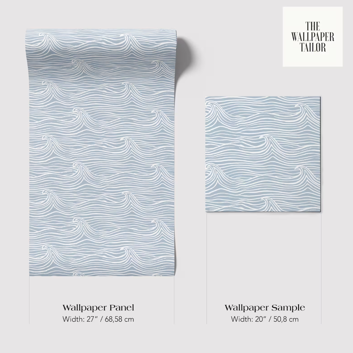 two different sizes of a wallpaper panel with a wave pattern. The larger panel is 27 inches wide and 68.58 centimeters tall, while the smaller one is 20 inches wide and 50.8 centimeters tall. The image is a sample of the wallpaper, and the text provides the dimensions of the larger and smaller panels.