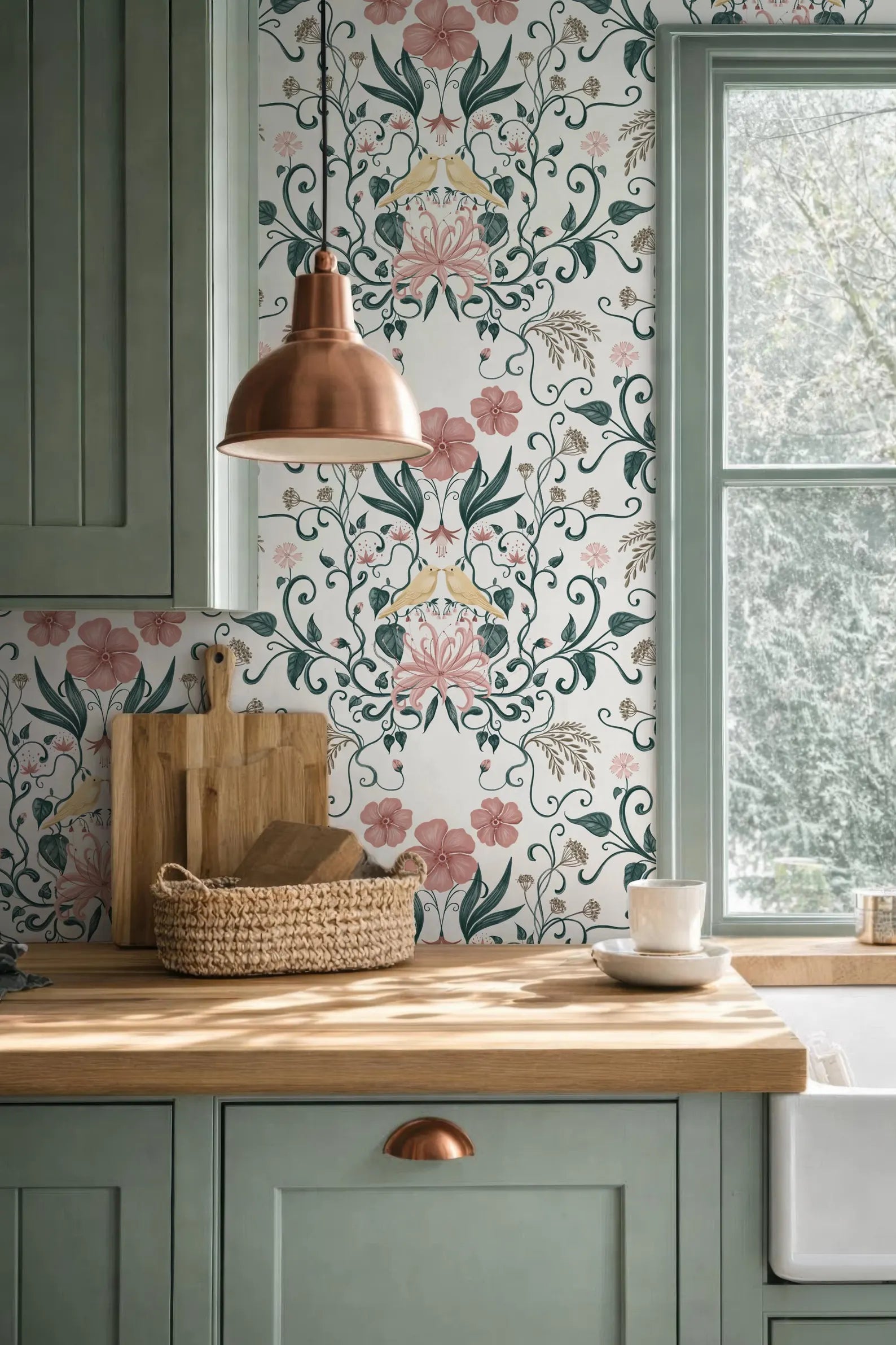 a kitchen with a wooden countertop, a woven basket, a copper pendant light, and a window with a view of trees outside.