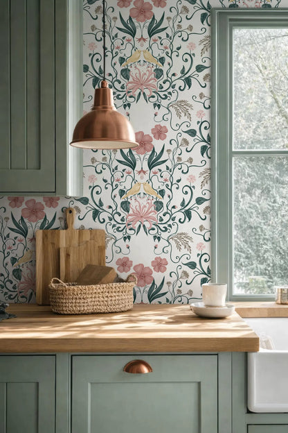 a kitchen with a wooden countertop, a woven basket, a copper pendant light, and a window with a view of trees outside.