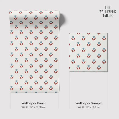 two identical rolls of wallpaper with a repeating pattern of red and blue flowers on a white background. The rolls are labeled as "Wallpaper Panel" and "Wallpaper Sample" and are described in terms of their width, with one roll being wider at 27 inches and the other at 20 inches.