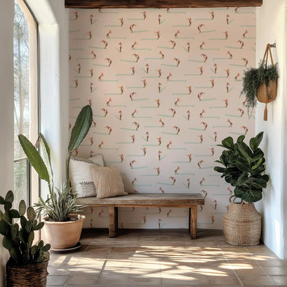 a cozy and inviting room with a wooden bench, potted plants, and a patterned wallpaper.