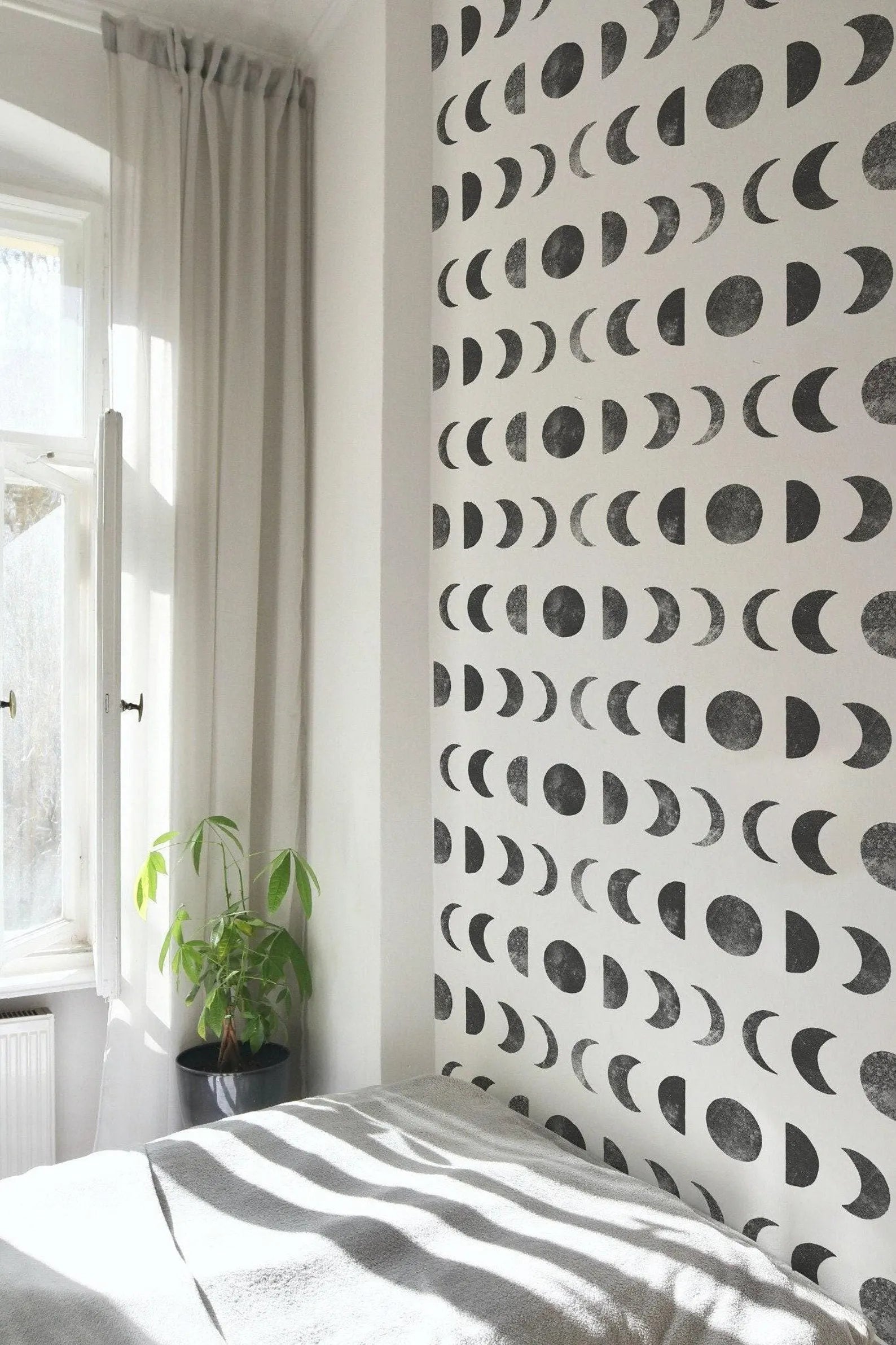a bedroom with a bed, a potted plant, and a window with white curtains. The wall behind the bed has a repeating pattern of black circles and lines, creating a visually striking design.