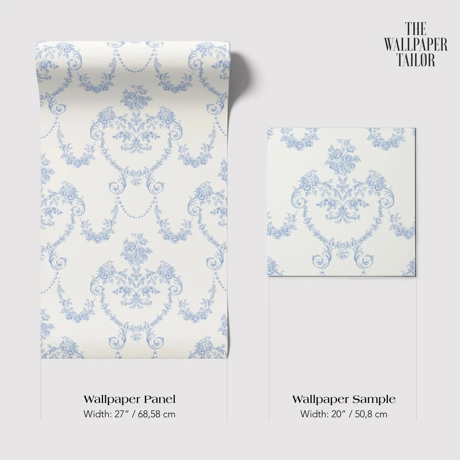 two different wallpaper samples with a blue floral pattern. The text provides the widths of the samples in centimeters: one is 20/50 cm wide and the other is 27/68.5 cm wide.