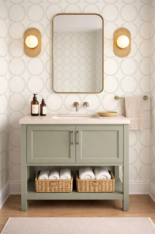 a bathroom with a gray vanity, a mirror, and two wall sconces. The vanity has a sink and two baskets below it, and the walls are covered in a patterned wallpaper.