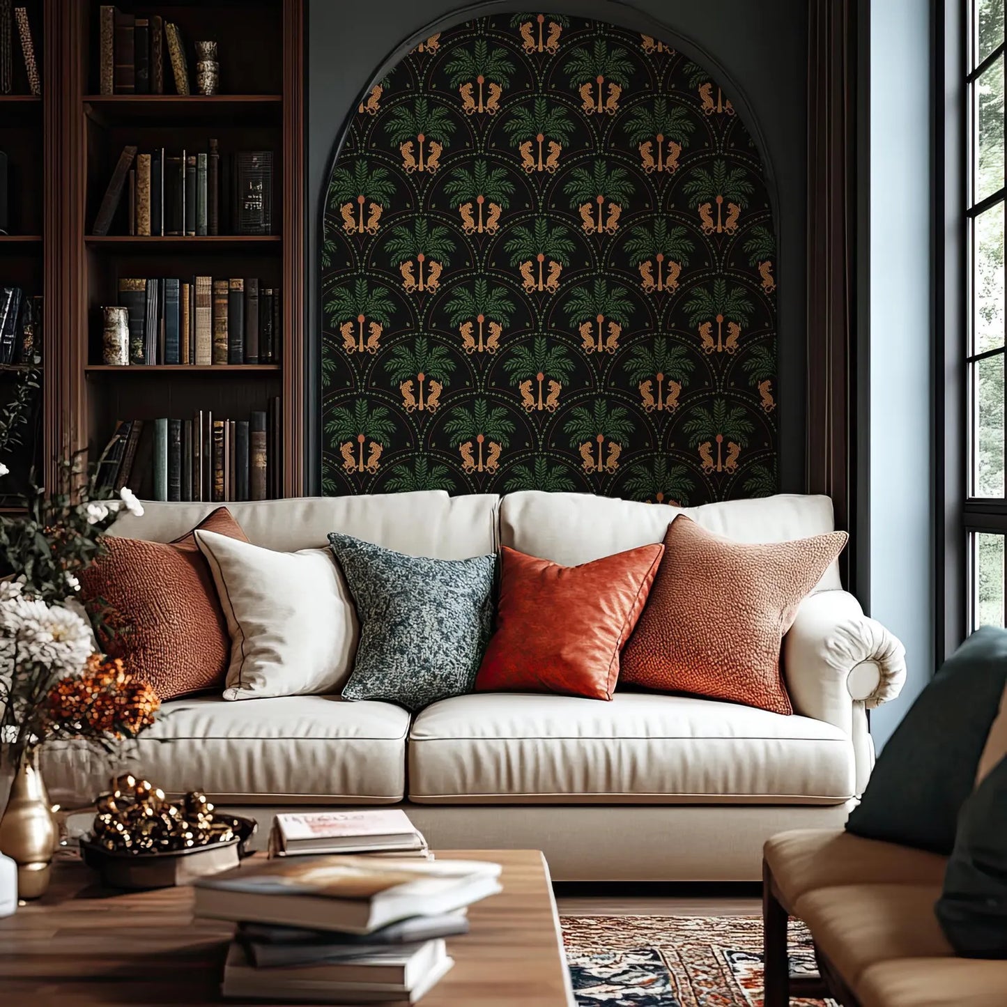 a cozy living room with a white sofa adorned with colorful throw pillows, a wooden coffee table, and a bookshelf filled with books. The room has a warm and inviting atmosphere, with a patterned wallpaper and a large arched window that allows natural light to fill the space.