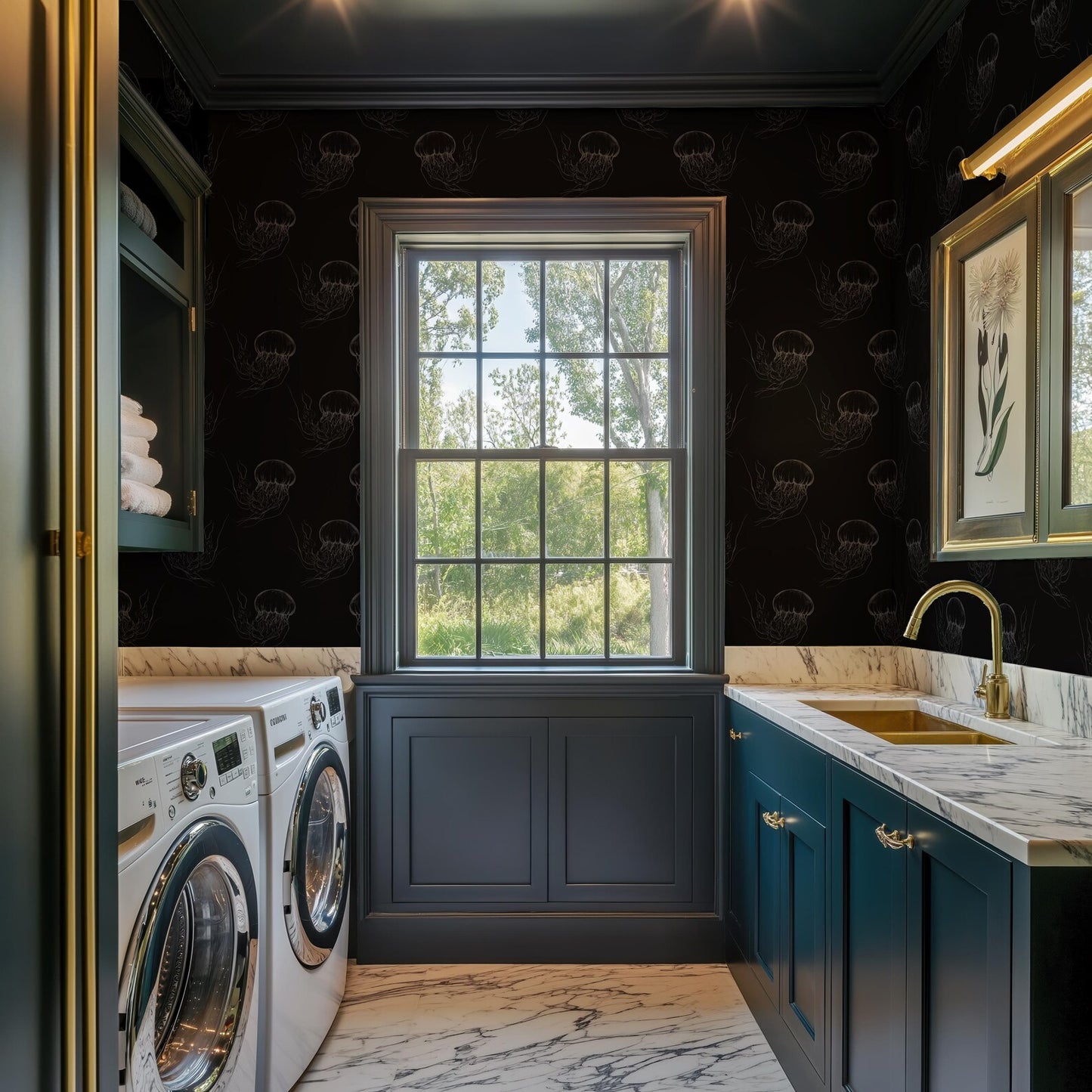a modern and stylish laundry room with a large window, dark wood cabinets, and a marble countertop.