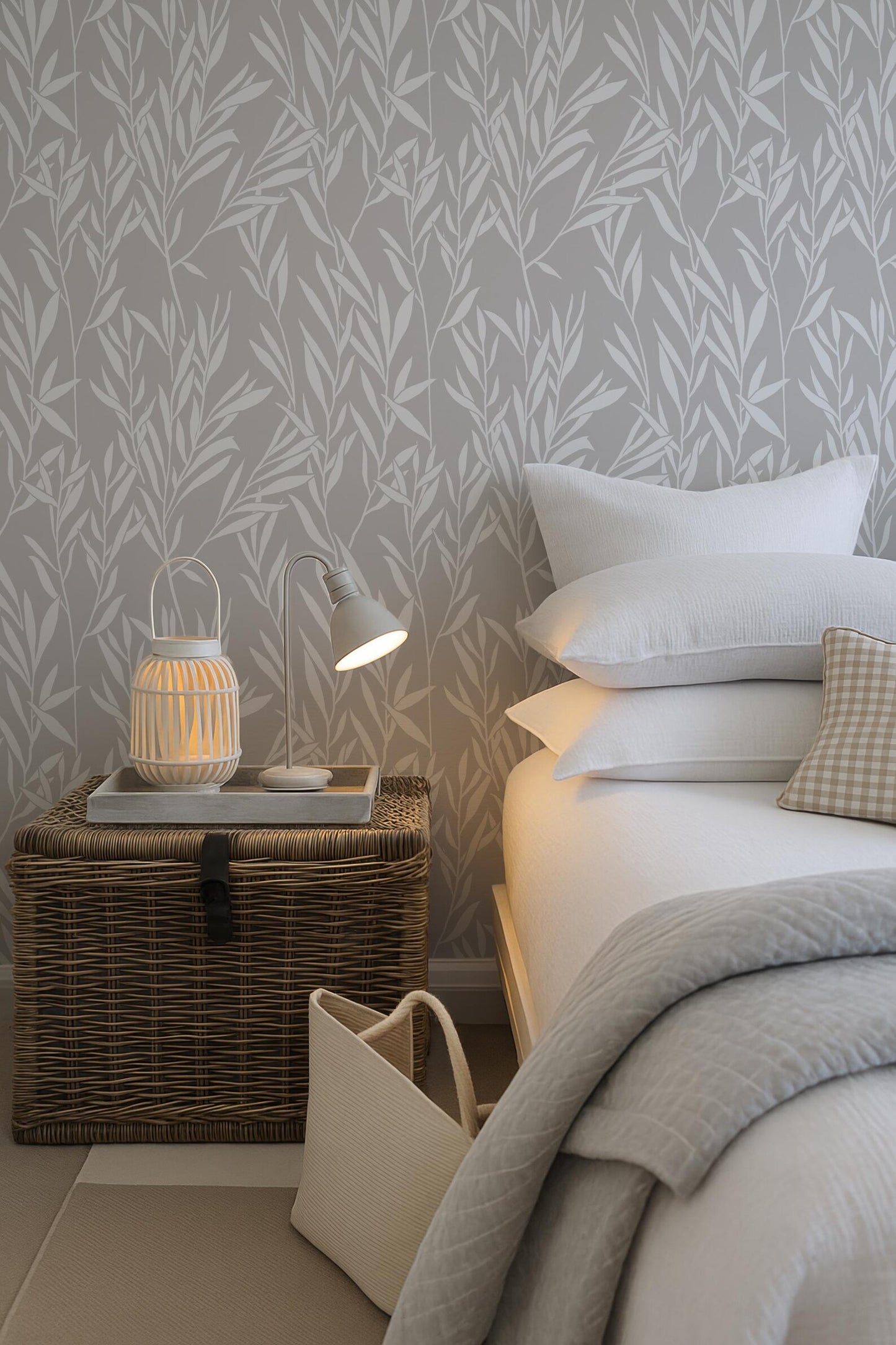a cozy bedroom scene with a bed, a wicker chest, and a lamp on a nightstand. The bed is adorned with white pillows and a gray blanket, creating a serene and inviting atmosphere. The wicker chest adds a rustic touch to the room, while the lamp provides a warm and inviting glow. The overall scene conveys a sense of comfort and relaxation.
