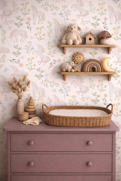 a pink dresser with a changing pad, a wicker basket, and various toys and decorations, including a wooden shelf with a stuffed animal and a wooden house.