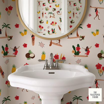 a bathroom with a white sink and a round mirror above it. The wall behind the sink is covered in a vibrant, colorful wallpaper with various tropical and hula-themed illustrations, including palm trees, hibiscus flowers, and people in hula outfits.