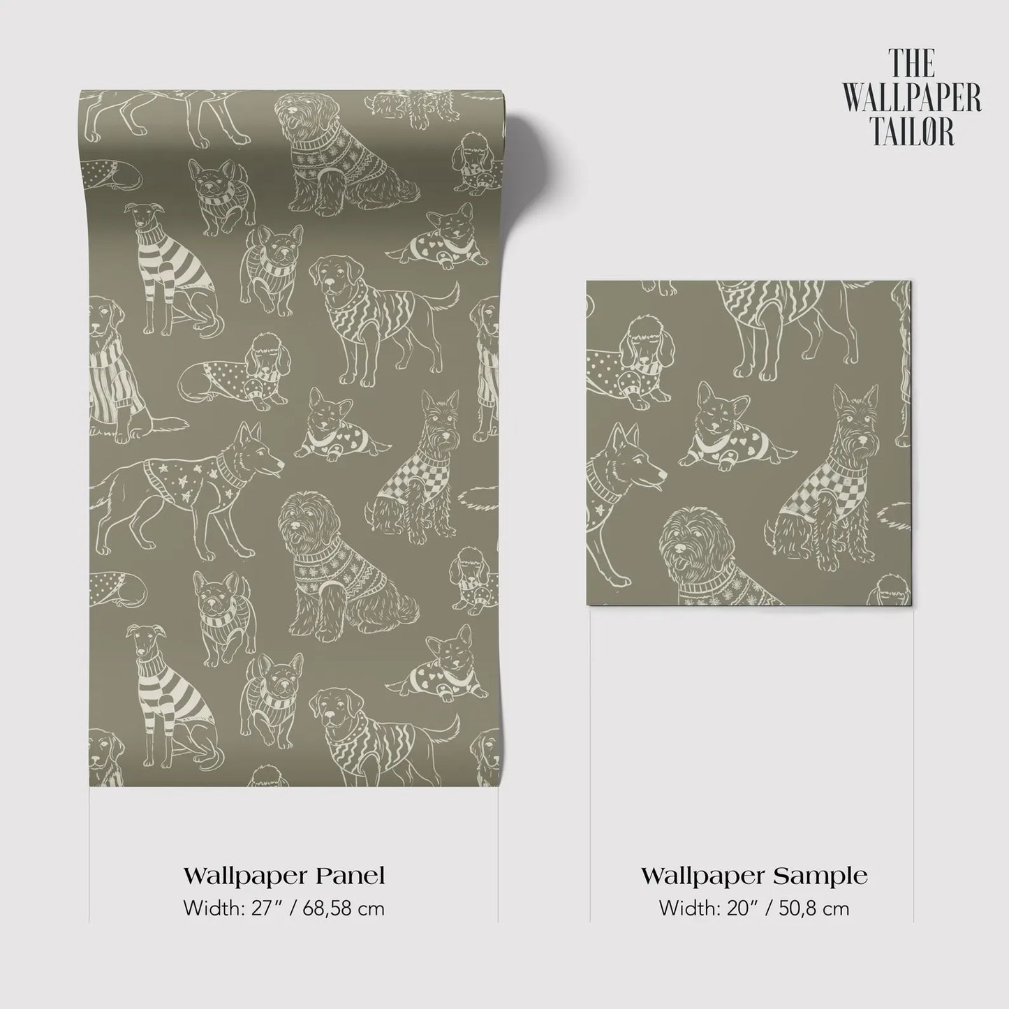 The image is a wallpaper panel and a wallpaper sample, both featuring a repeating pattern of dogs in various poses and sizes.