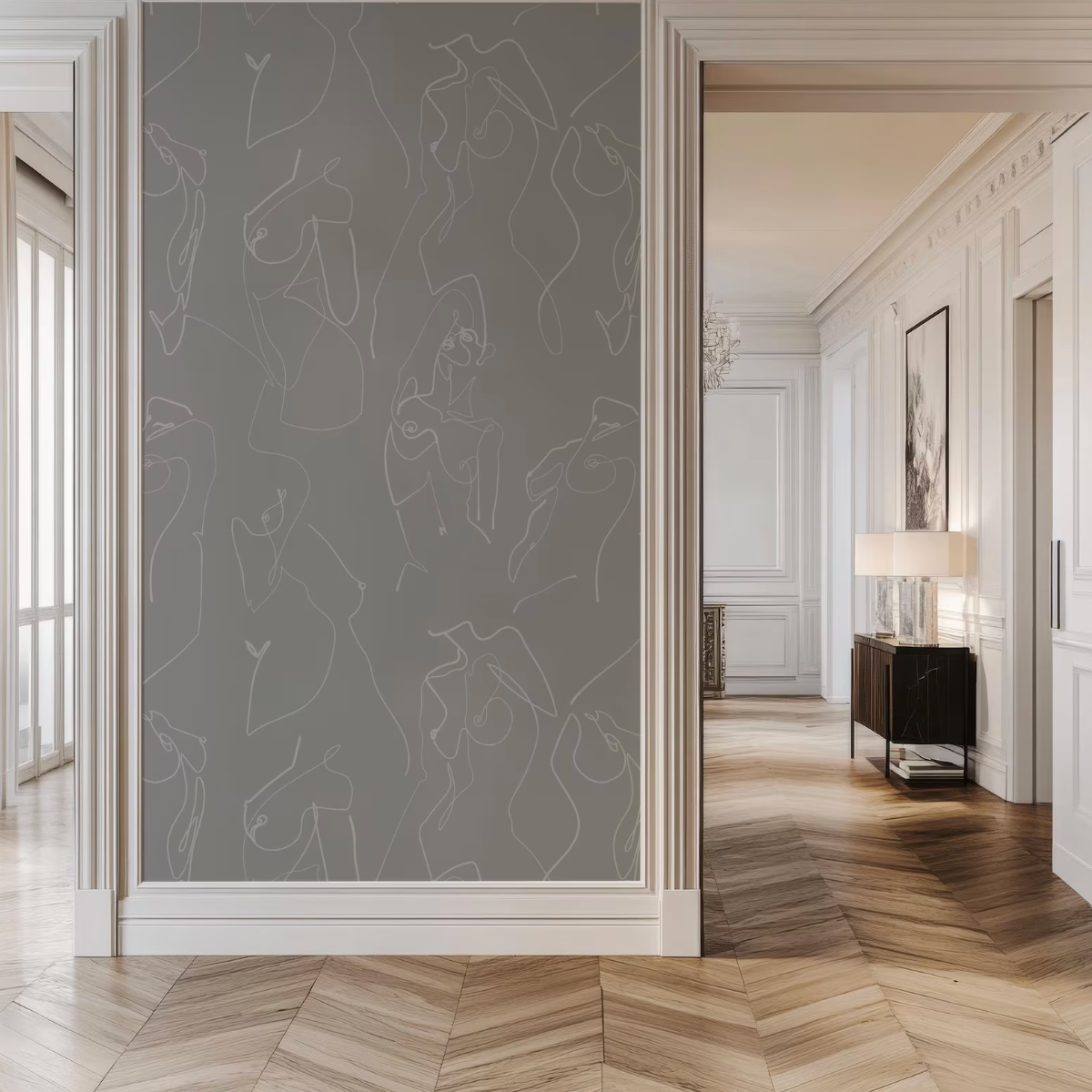 a modern and elegant interior design with a gray wall adorned with abstract white lines, creating a visually striking contrast. The room is well-lit, with a wooden floor and white walls, contributing to a sophisticated and sophisticated atmosphere.