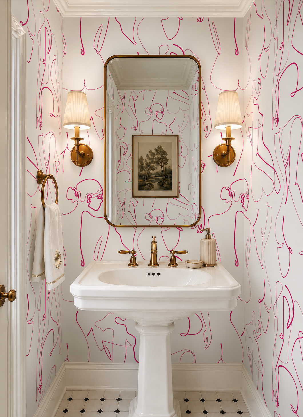 a bathroom with a white pedestal sink, a mirror, and two wall sconces. The walls are covered in pink and white abstract patterns, creating a vibrant and lively atmosphere.