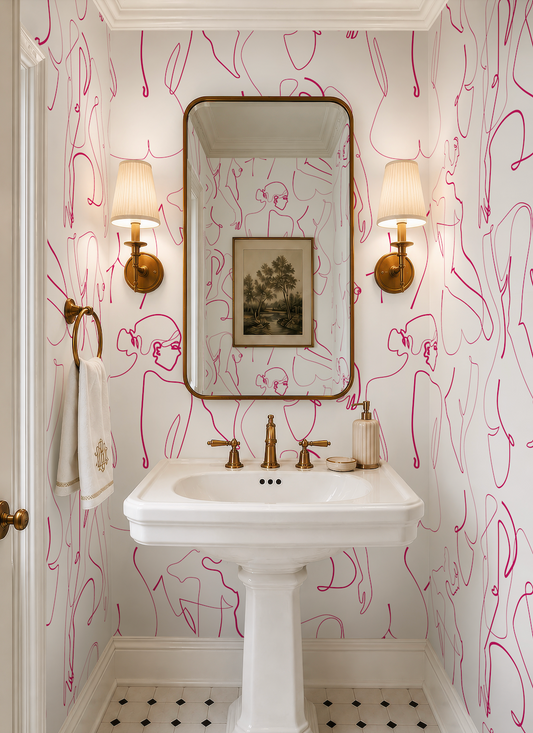 a bathroom with a white pedestal sink, a mirror, and two wall sconces. The walls are covered in pink and white abstract patterns, creating a vibrant and lively atmosphere.