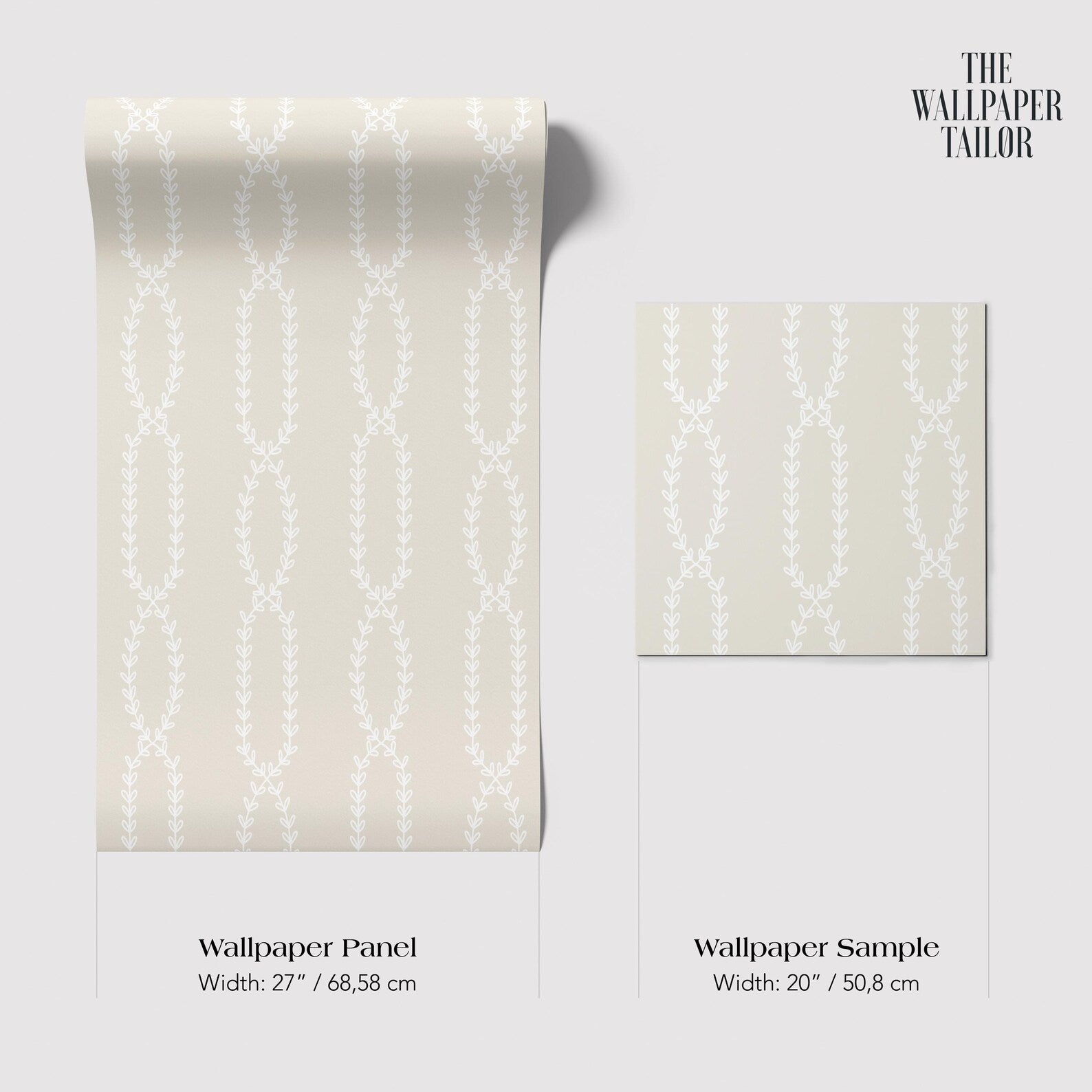 two wallpaper samples with a similar white leaf pattern. The wallpaper sample on the left is wider at 27 inches (68.58 cm) and the one on the right is wider at 20 inches (50.08 cm).