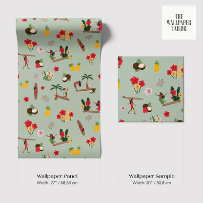 The image is a wallpaper panel and a wallpaper sample, both featuring a tropical theme with various elements such as palm trees, flowers, and people.