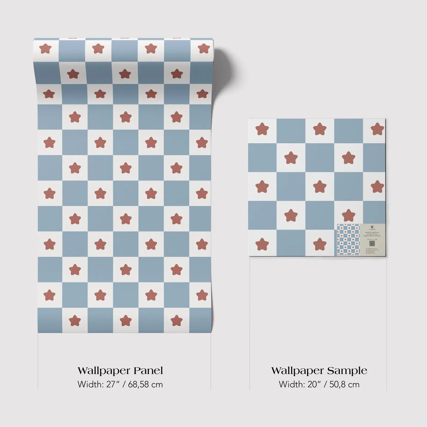 two different wallpaper panels with a checkerboard pattern of blue and white squares, each with a red star. The text provides the dimensions of the wallpaper panels in centimeters.