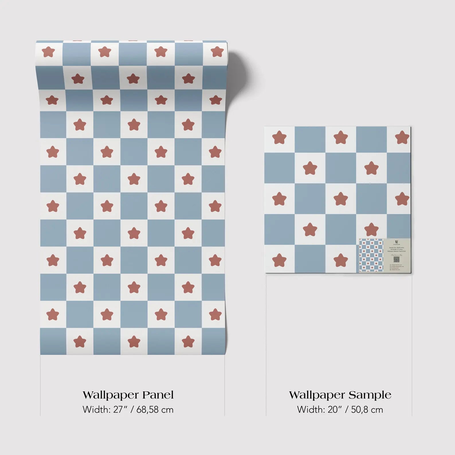 two different wallpaper panels with a checkerboard pattern of blue and white squares, each with a red star. The text provides the dimensions of the wallpaper panels in centimeters.