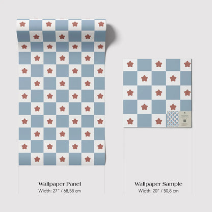 two different wallpaper panels with a checkerboard pattern of blue and white squares, each with a red star. The text provides the dimensions of the wallpaper panels in centimeters.