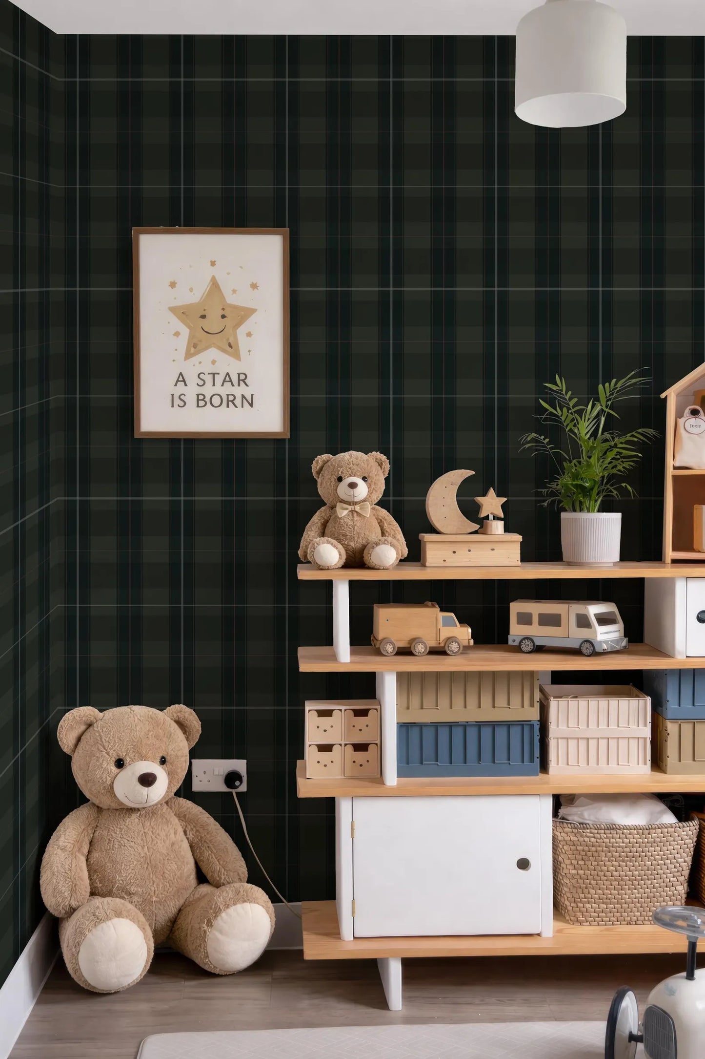 a cozy and well-organized children's bedroom with a green plaid wallpaper, a wooden bookshelf, and various toys and decorations.