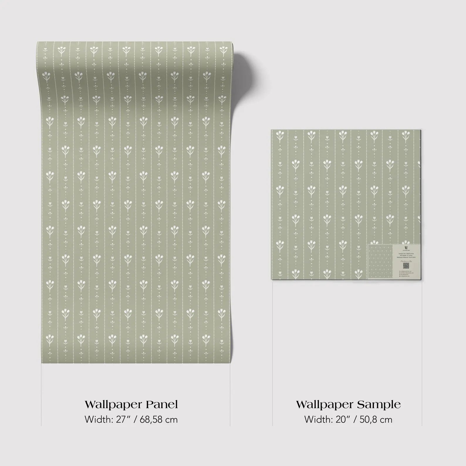 two different sizes of a wallpaper panel with a repeating pattern of white flowers on a green background.