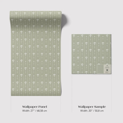 two different sizes of a wallpaper panel with a repeating pattern of white flowers on a green background.