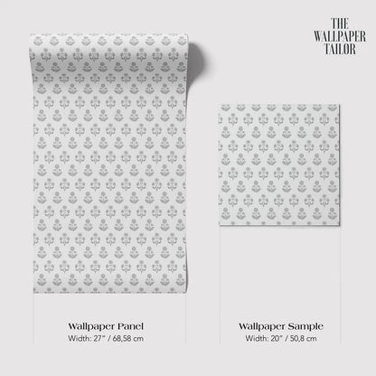 two rolls of wallpaper with a repeating pattern of gray floral designs.