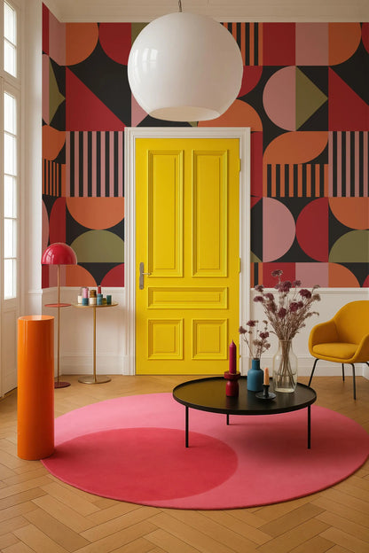 a vibrant and eclectic living room with a bold yellow door, a pink circular rug, and a black coffee table with various decorative items.