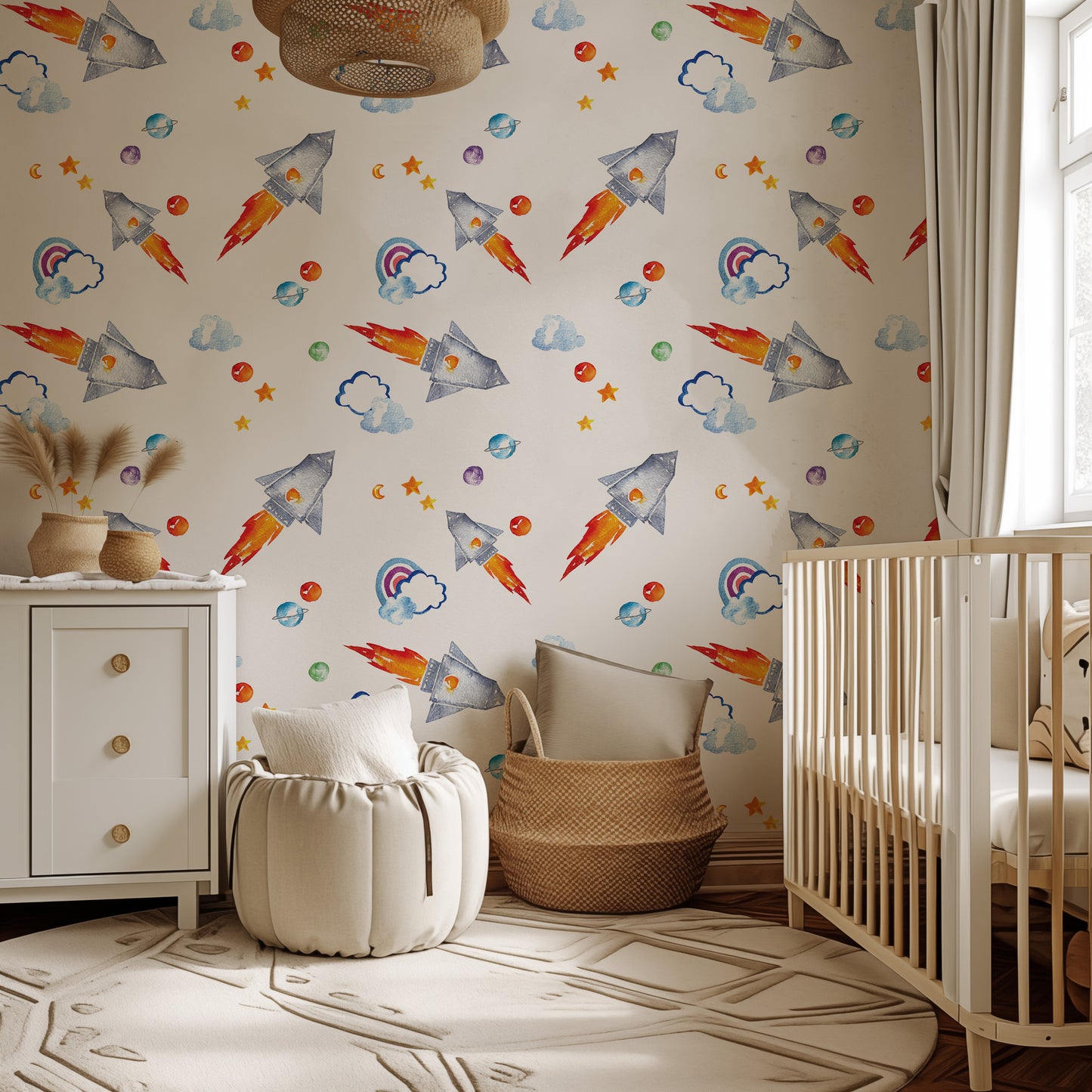 a baby's room with a rocket wallpaper and a crib