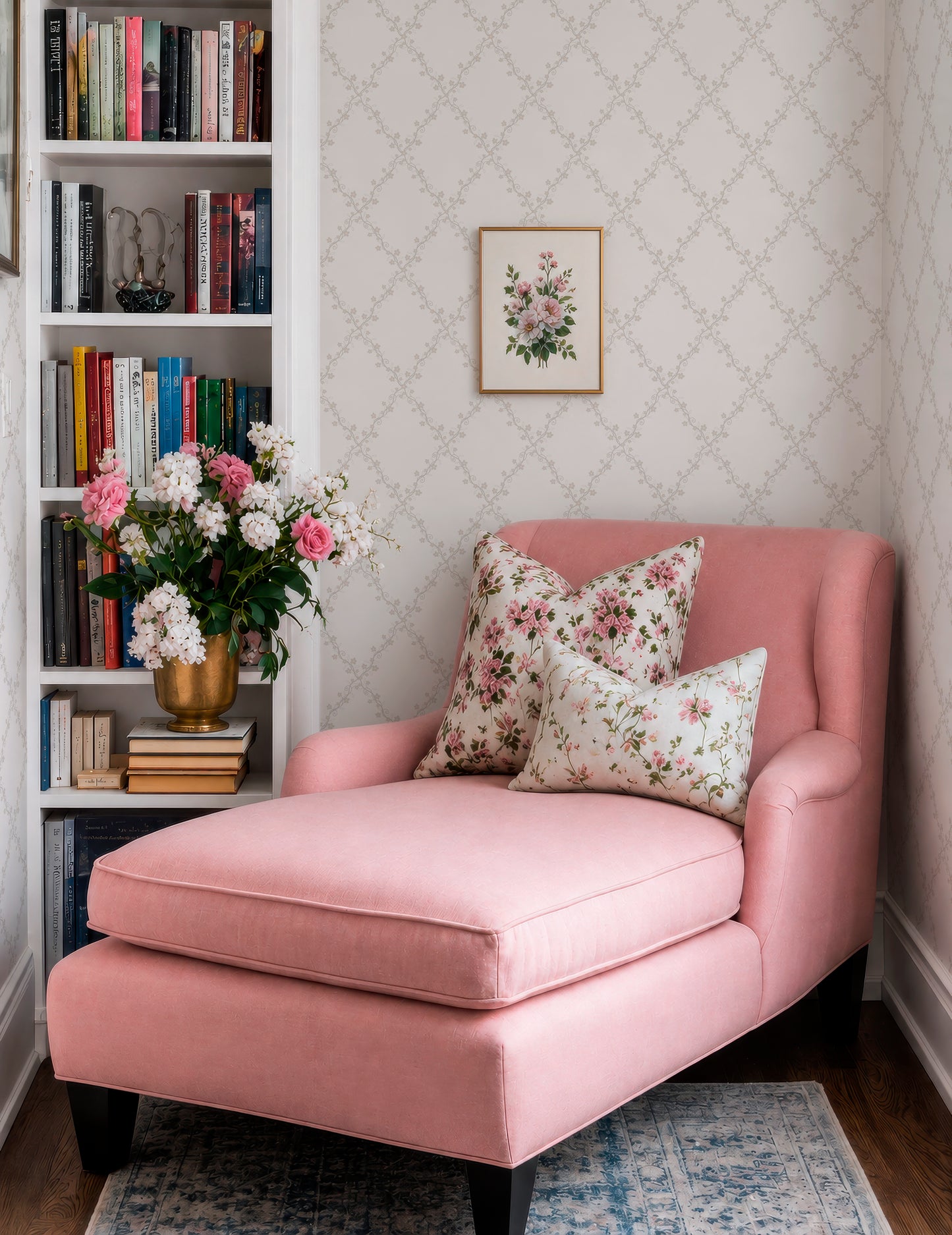 a cozy corner of a room with a pink armchair, a bookshelf filled with books, and a vase of flowers on the bookshelf. The room has a floral wallpaper and a framed picture on the wall.