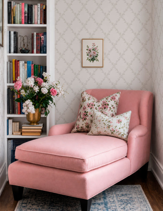 a cozy corner of a room with a pink armchair, a bookshelf filled with books, and a vase of flowers on the bookshelf. The room has a floral wallpaper and a framed picture on the wall.