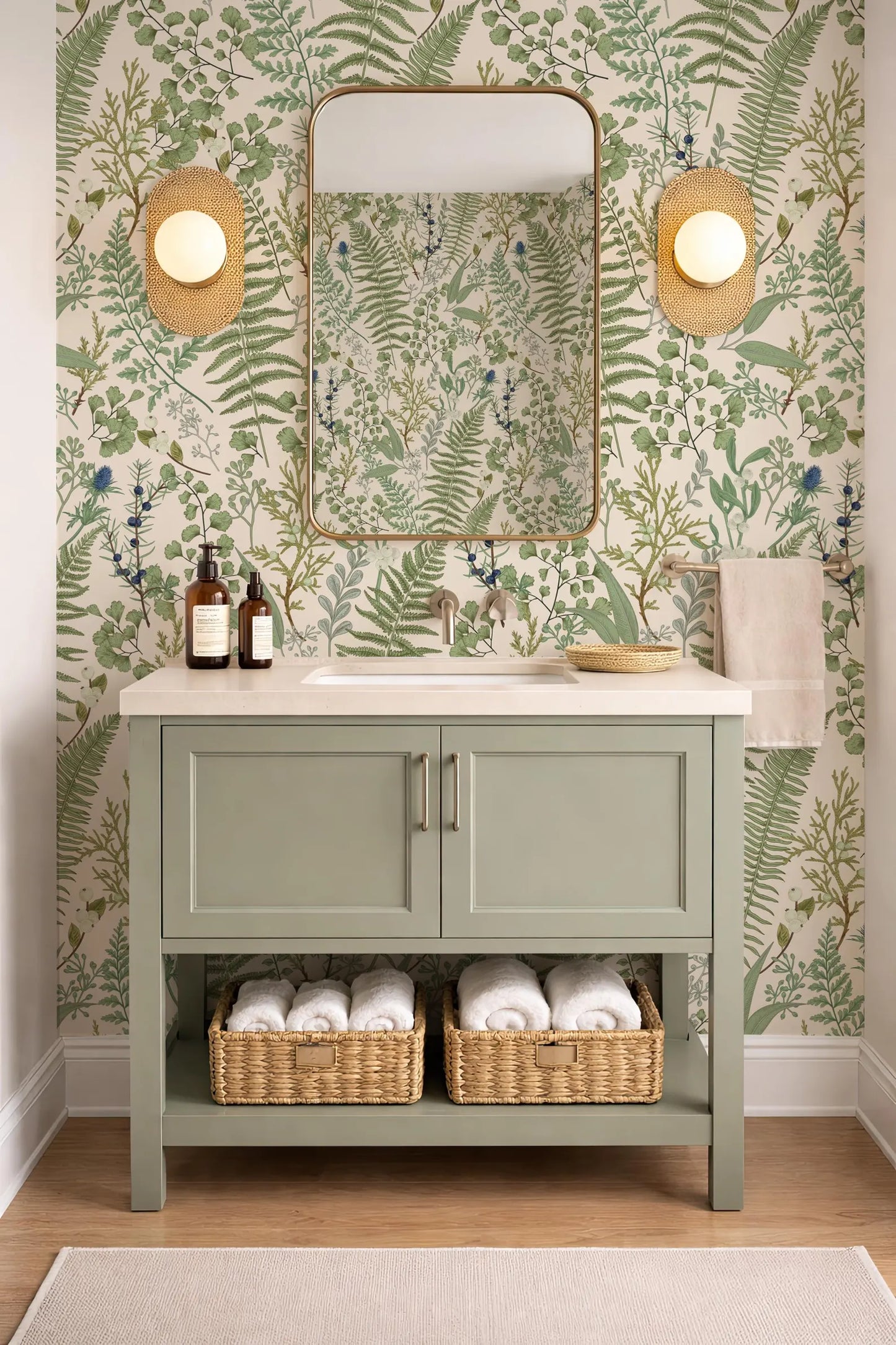 a bathroom with a green vanity cabinet, a mirror, and a wicker basket under the sink. The walls are covered in a green and white floral wallpaper, and there are two light fixtures on either side of the mirror. The vanity cabinet has a sink and storage space below it.