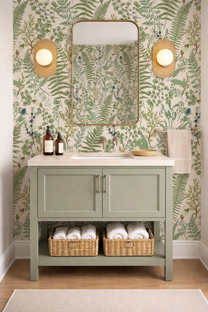 a bathroom with a green vanity cabinet, a mirror, and a wicker basket under the sink. The walls are covered in a green and white floral wallpaper, and there are two light fixtures on either side of the mirror. The vanity cabinet has a sink and storage space below it.
