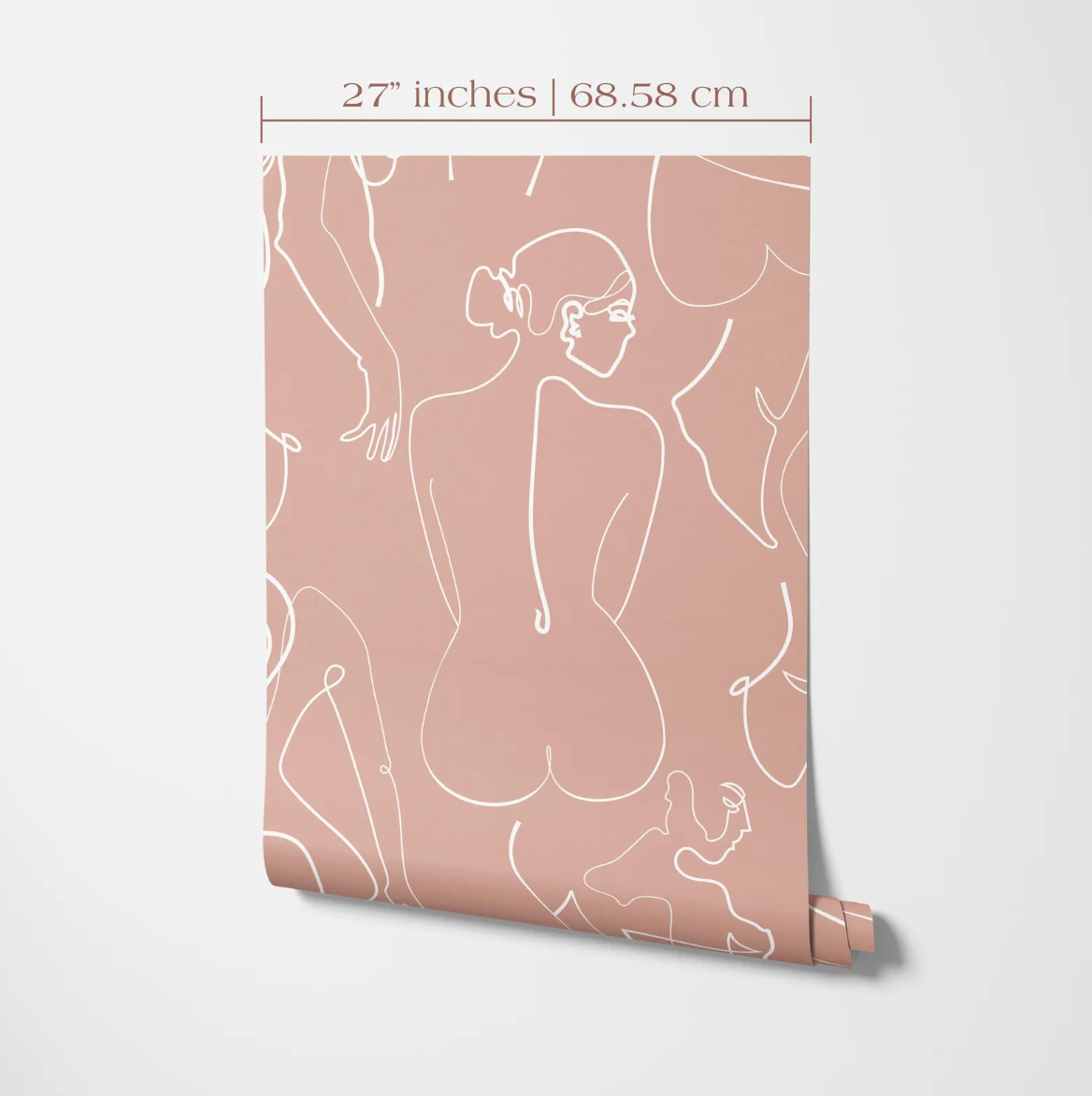 a wallpapered wall with a repeating pattern of white line drawings of women's bodies.