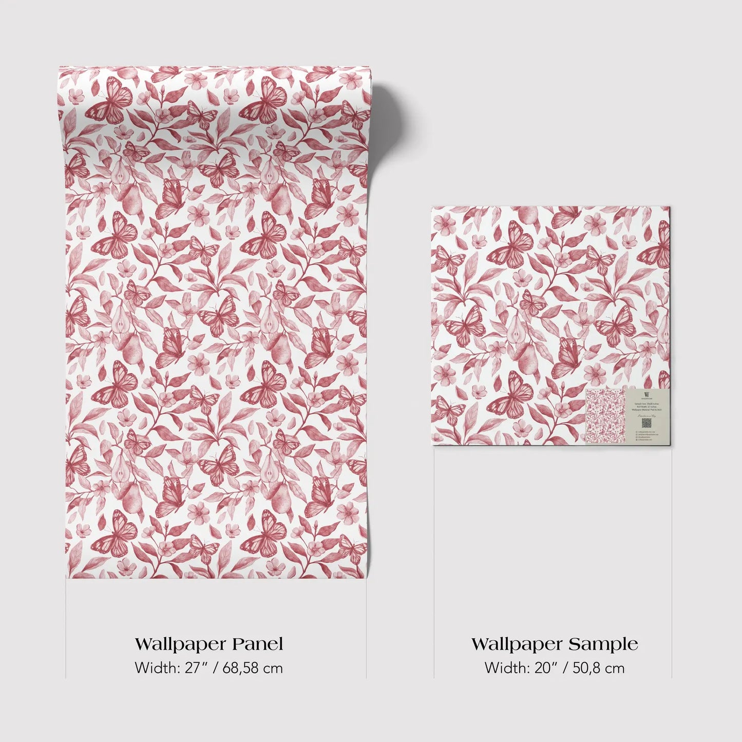two rolls of wallpaper with a floral pattern of red butterflies and leaves. The rolls are labeled with their respective widths and dimensions.