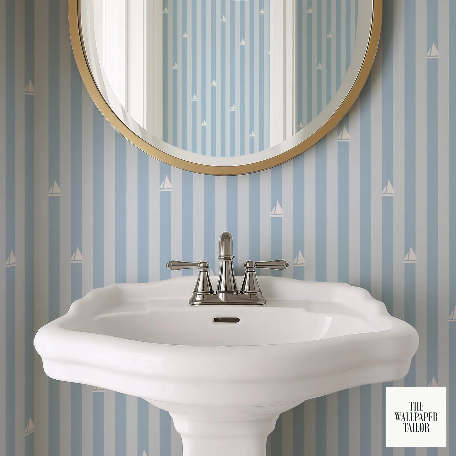 a bathroom sink with a silver faucet, set against a blue and white striped wallpaper with a round mirror above it.