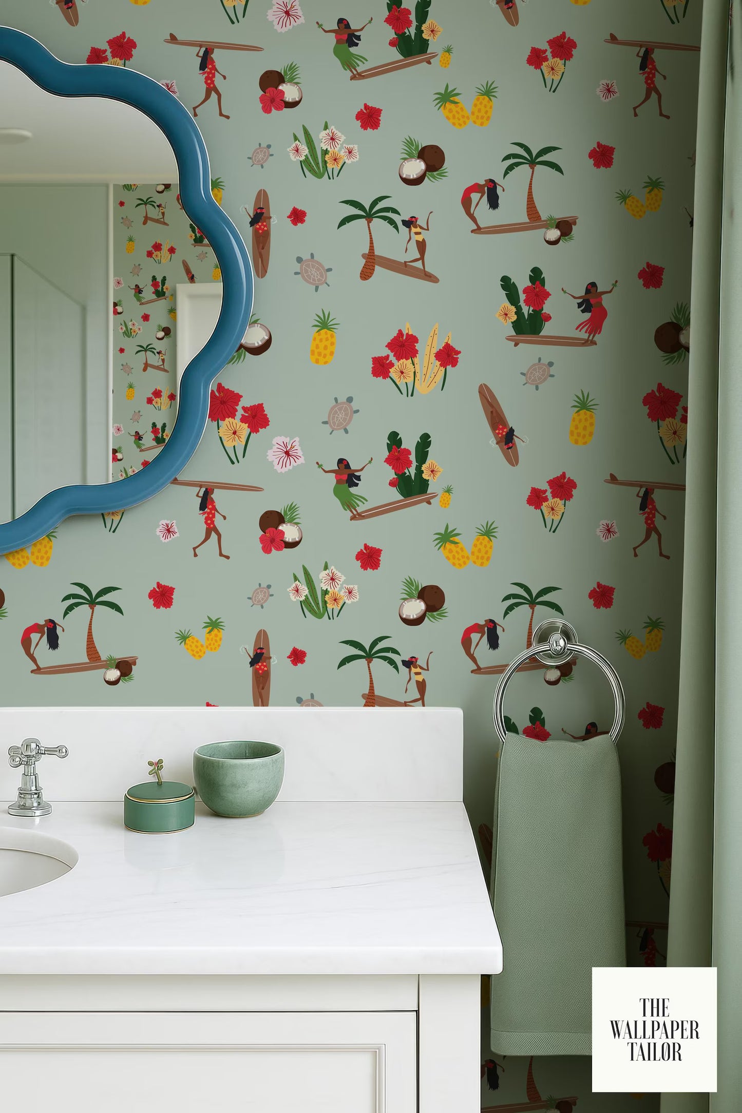 a bathroom with a colorful, tropical-themed wallpaper, a white sink, and a blue scalloped mirror.