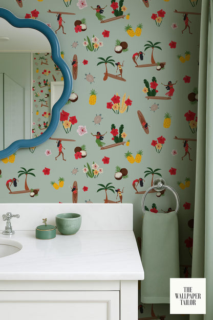 a bathroom with a colorful, tropical-themed wallpaper, a white sink, and a blue scalloped mirror.