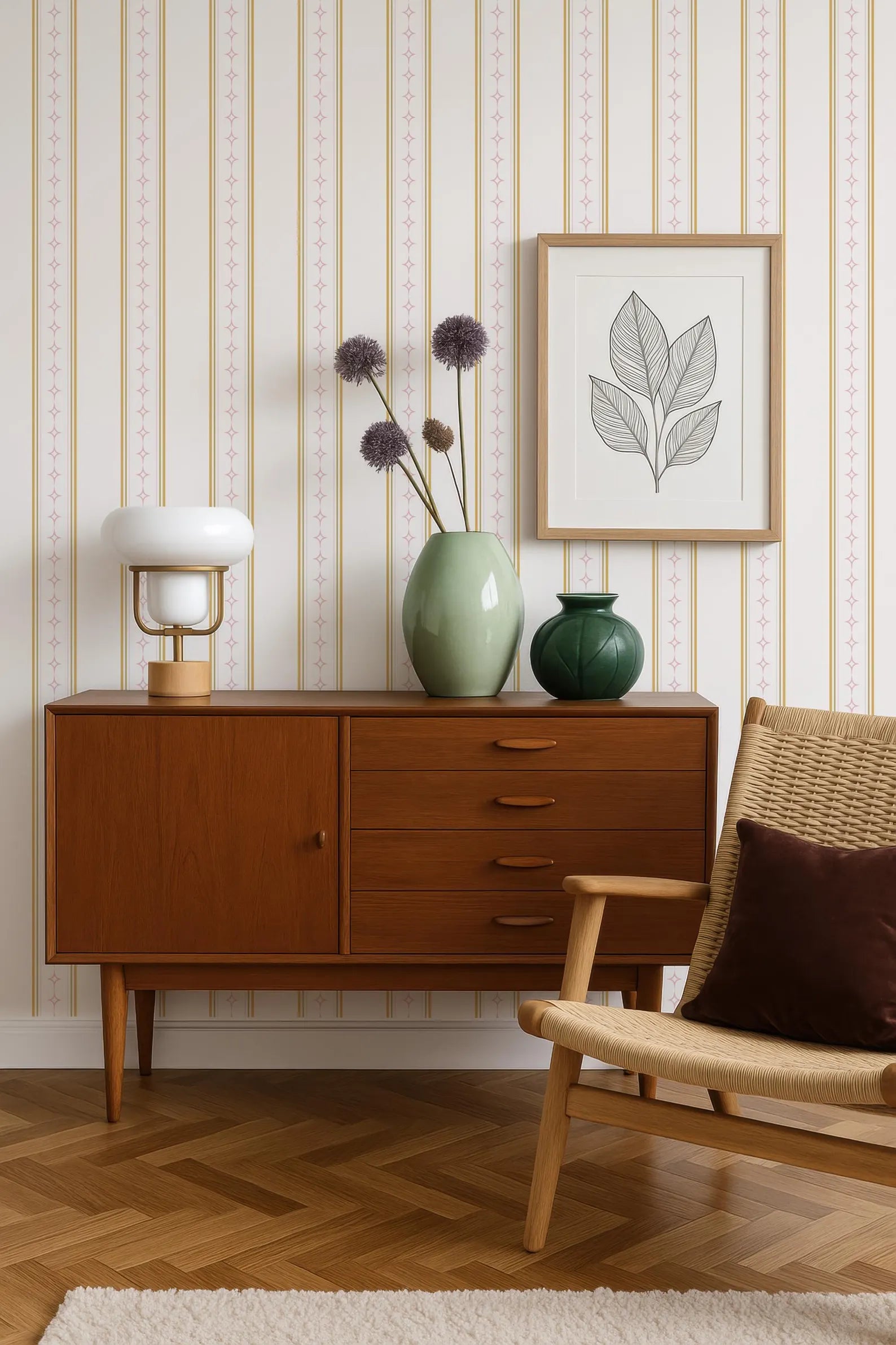 a cozy living room with a wooden sideboard, a woven chair, and a framed artwork on the wall. The sideboard has a lamp and a vase with purple flowers on top. The chair has a brown pillow on it. The artwork on the wall is a simple line drawing of a leaf and a flower.