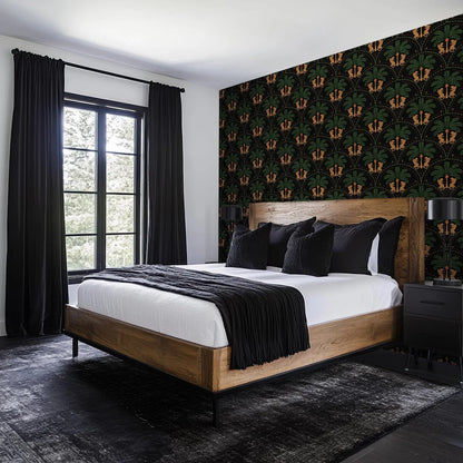 a modern bedroom with a large bed, dark curtains, and a patterned wallpaper accent wall.