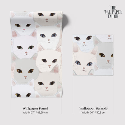 The image is a wallpaper panel and a wallpaper sample, both featuring a repeating pattern of white cats with black eyes.
