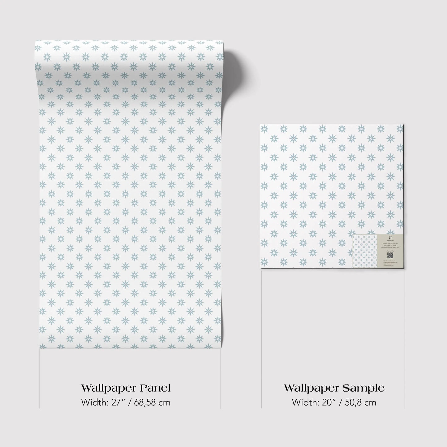 two different sizes of wallpaper panels with a repeating pattern of small white stars on a light blue background.