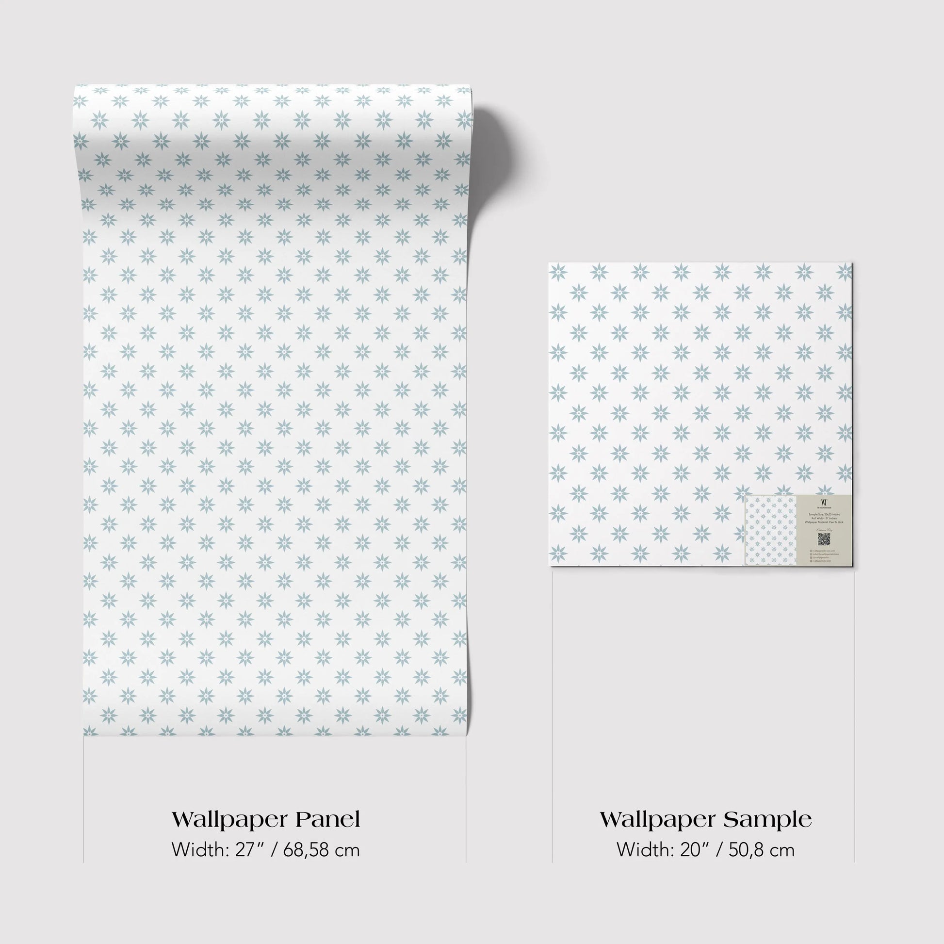 two different sizes of wallpaper panels with a repeating pattern of small white stars on a light blue background.
