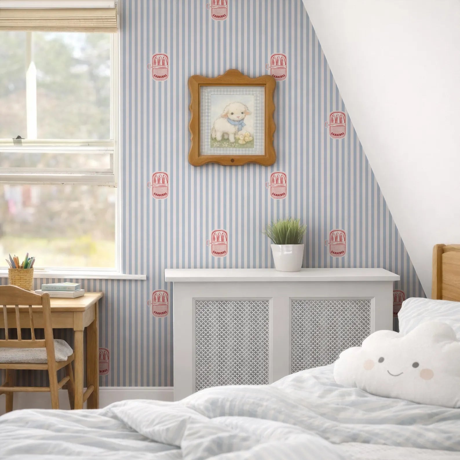 a cozy bedroom with a bed, a desk, and a window. The walls are decorated with blue and white striped wallpaper, and there is a framed picture of a sheep hanging on the wall. The room also features a white radiator and a white dresser.