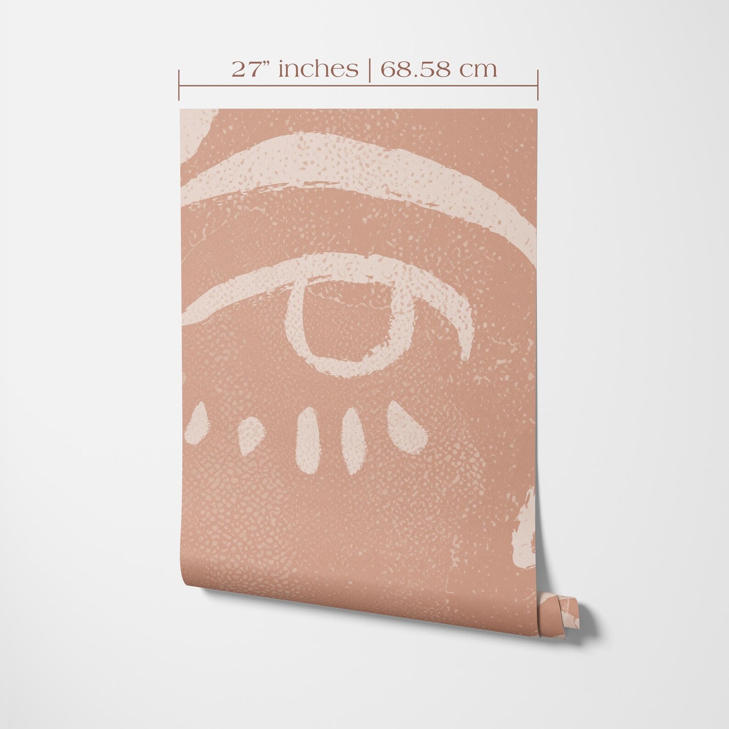 a piece of wall art or wallpaper with a large eye design on it. The text above the image indicates the size of the artwork, which is 27 inches by 68.58 centimeters.