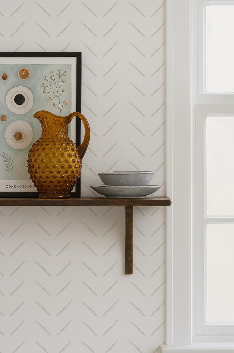 a wooden shelf with a decorative vase, a bowl, and a plate, all placed on a white shelf against a white wall with a zigzag pattern.