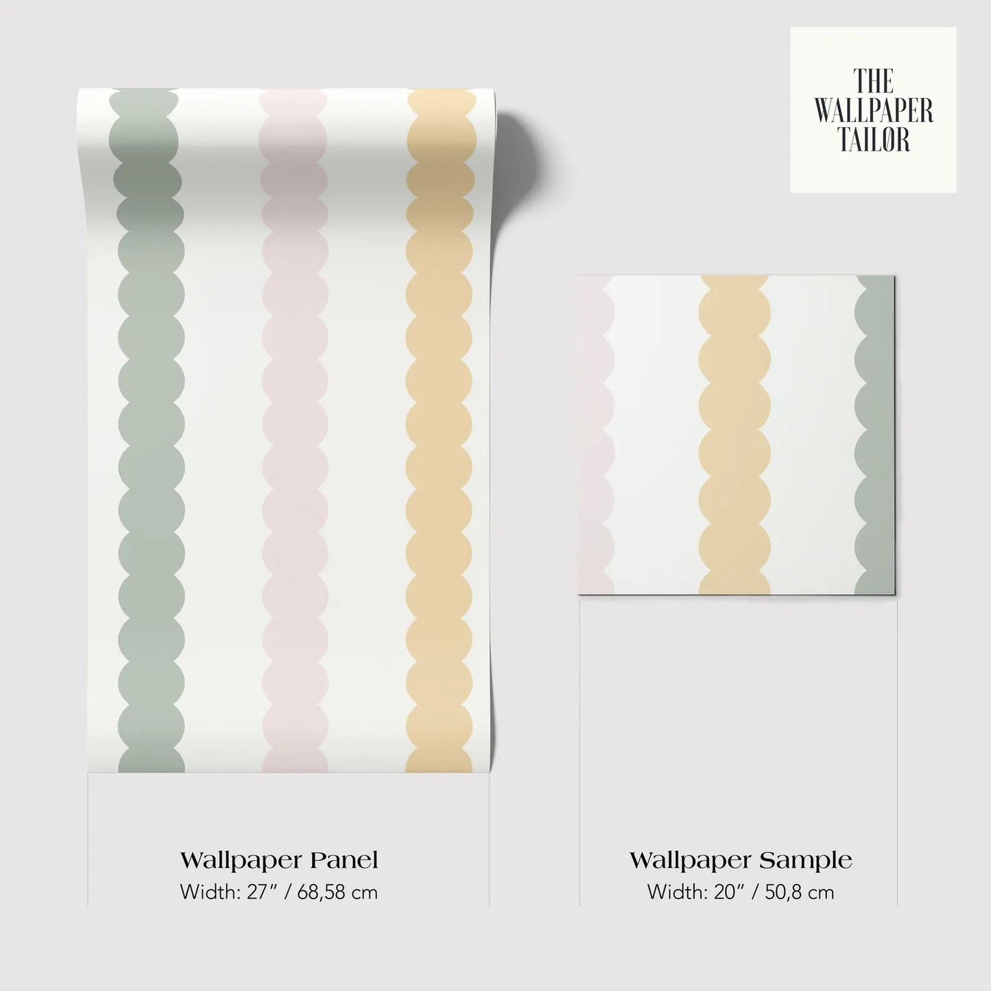 two different wallpaper panels with a repeating pattern of circles in various colors, including green, pink, and yellow. The text provides information about the width of the wallpaper panels and their respective sizes.