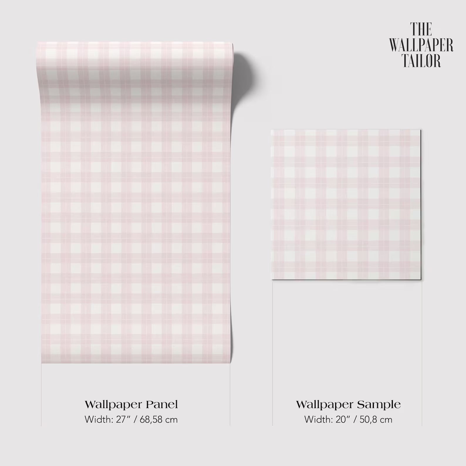 two different sizes of a pink and white checkered wallpaper panel and a smaller square wallpaper sample.